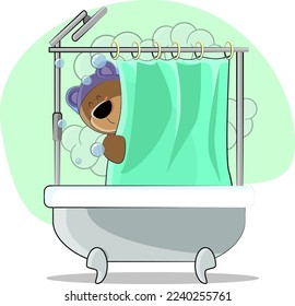 Cute teddy bear takes a shower in his bathtub and blows bubbles
