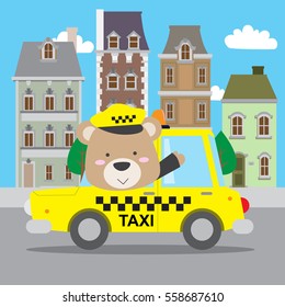 Cute teddy bear as taxi driver driving in the town vector illustration