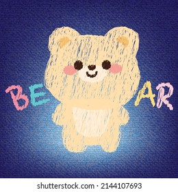 Cute teddy with bear text embroidery on jean background.Image for card,clothing,textiles,t-shirt design.Animal cartoon.Kawaii.Vector.Illustration.