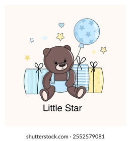 Cute teddy bear toy with balloons and gifts . Baby bear boy . Funny, cartoon animal. Vector illustration isolated white background .Greeting card, birthday party, print, poster design . Little star