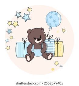 Cute teddy bear toy with balloons and gifts . Baby bear boy Vector illustration isolated white background .Greeting card, birthday party, print, poster design . Little star. Cartoon, funny