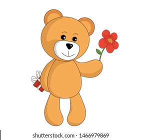 cute teddy bear toy with red flower and gift. cartoon vector isolated image for children