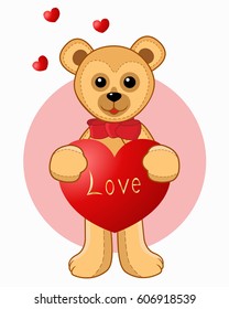 Cute teddy bear toy stands, holding heart.Vector illustration.
