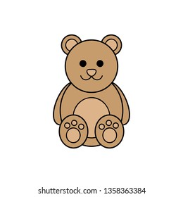 Cute teddy bear toy vector outlined illustration icon. Plush, stuffed brown sitting bear. Isolated.
