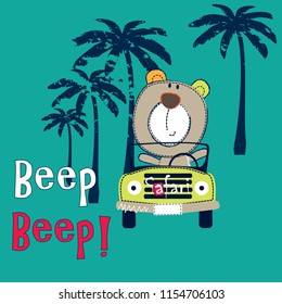 cute teddy bear travel by car vector illustration, T-shirt graphics design