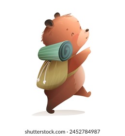 Lindo oso de peluche viajero en un viaje aventurero. Oso de peluche personaje senderismo con una mochila. Animales para los niños historias y aventuras divertidas. Clipart de Vector aislado en acuarelas para niños.