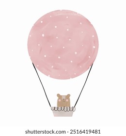 Cute Teddy Bear Traveling in a Pink Hot Air Balloon With Basket.Lovely Nursery Vector Art with Funny Big Bear in a Montgolfier on a White Background.Kids Room Decoration with Hand Drawn Big Bear. RGB.