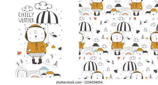 Cute teddy bear with umbrella standing under the rain. Seamless pattern.Hand drawn vector illustration. Can be used for t-shirt print, kids wear fashion design, baby shower invitation card.