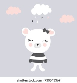 cute teddy bear under rain vector illustration