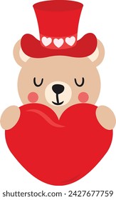 Cute teddy bear with valentine hat holding a red heart