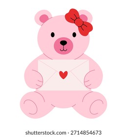 Ursinho de pelúcia bonito. Dia dos Namorados adesivo, desenhos animados pelúcia animal segurando carta de amor com coração, brinquedo romântico de férias para cartão de saudação dia de São Valentim. Ilustração vetorial.