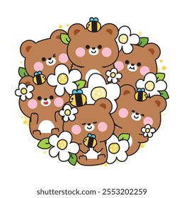 Lindo oso de peluche varias poses permanecer en forma de círculo marco con la hoja de la flor y bee.Floral.Naturaleza.Wild animal personaje de dibujos animados design.Kawaii.Vector.Illustration.