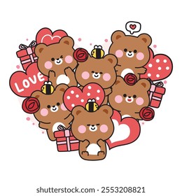 Oso de peluche lindo varias poses permanecen en forma de corazón. Día de San Valentín. Love. Rose, caja de regalo, globo, bee. Diseño de dibujos animados de personajes de animales salvajes. Kawaii. Vector. Ilustración.