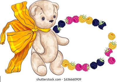 Cute Teddy Bear vector. Baby Toy Bear on Valentine's Day with a beautiful bow and a frame of raspberries for design postcards.