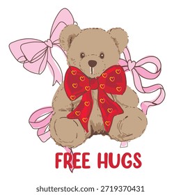 Lindo oso de peluche Vector dibujado a mano ilustración de oso y diseño de impresión de arco para las niñas camisetas sudadera etc.