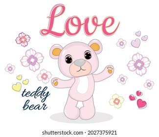 Cute teddy bear vector illustration with cute background. Perfect for greeting cards, party invitations, posters, stickers, pin, scrapbooking, icons.