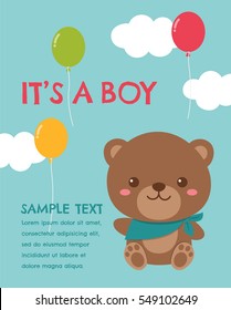 Cute Teddy Bear Vector Illustration For Baby Shower Invitation Card Design Template