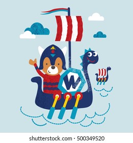 A cute teddy bear viking sailor waving hand on a Viking ship. Graphic for book illustration, textile and fashion.