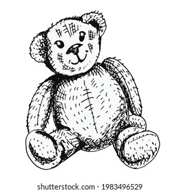 Cute teddy bear vintage toy for postcards, holidays, design. Vector illustration.