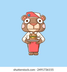Cute teddy bear waiter animal kawaii chibi character mascot illustration outline style design set