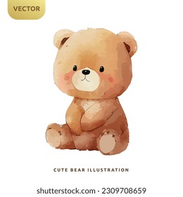 Cuidada acuarela de oso de peluche aislada sobre fondo blanco. Dibujo del vector de diseño de dibujos animados de oso bebé feliz