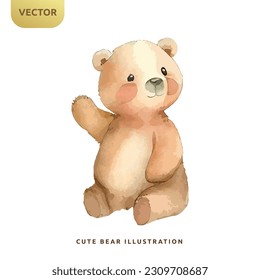 Cuidada acuarela de oso de peluche aislada sobre fondo blanco. Dibujo del vector de diseño de dibujos animados de oso bebé feliz