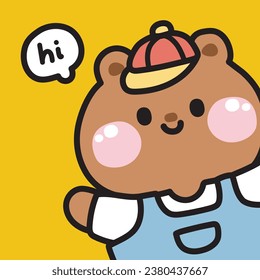 Cute teddy bear wear cap greeting on yellow background.Wild animal character cartoon design.Image for card,poster,cover book,baby clothing.Kawaii.Vector.Illustration. svg