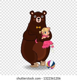 Cute Teddy Bear Wear Neck Tie and Slippers Hugging and Hold in Paws Little Kawaii Barefoot Baby Girl in Pink Princess Dress Isolated on Transparent Background. Vector Illustration. Cartoon Characters.