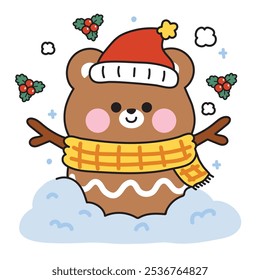 Cute teddy bear wear santa hat and scarf in snowman with holly seed.Merry christmas.Happy new year festival.Winter.Wild animal character cartoon.Kawaii.Vector.Illustration.