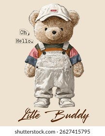 Cute Teddy Bear Wearing Cap and Overalls, Vector Illustration