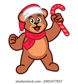 a Cute Teddy Bear Wearing a Christmas Hat and Scarf Holding a Candy Cane