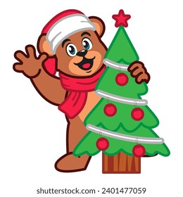 a Cute Teddy Bear Wearing a Christmas Hat and Scarf with christmas tree