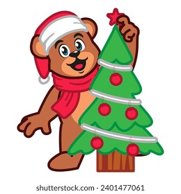 a Cute Teddy Bear Wearing a Christmas Hat and Scarf with christmas tree