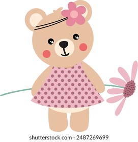 Cute teddy bear wearing a dress holding a big flower