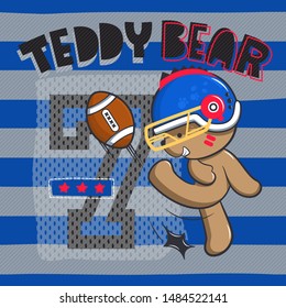 Cute teddy bear wearing football helmet and kicking football on striped background illustration vector.