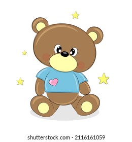 Cute teddy bear wearing a heart and stars t-shirt, print for kids room, baby shower, greeting card, and design for baby t-shirts and clothes, hand drawn children's illustration, Vector illustration
