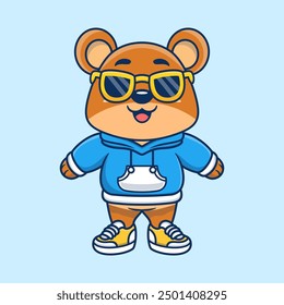 Cute teddy bear wearing hoodie jacket and wearing glasses cartoon animal