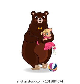 Cute Teddy Bear Wearing Neck Tie and Slippers Hugging and Holding in Paws Little Kawaii Barefoot Baby Girl in Pink Princess Dress Isolated on White Background. Vector Illustration. Cartoon Characters.