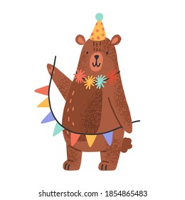 Cute teddy bear wearing party cap and holding garlands. Funny animal cub in scandinavian style celebrating birthday. Flat vector cartoon textured illustration isolated on white background