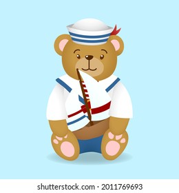 cute teddy bear wearing sailor uniform costume holding sail boat