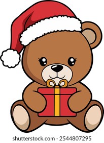 A cute teddy bear wearing a Santa hat and holding a gift. Festive teddy bear, perfect for Christmas, winter, or holiday-themed designs.