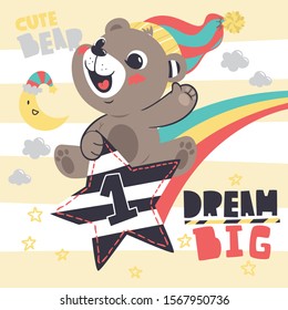 Cute teddy bear wearing sleeping cap riding on shooting star on yellow and white striped background illustration vector.