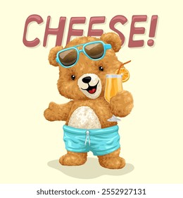 Lindo oso de peluche con gafas de sol, sosteniendo un jugo tropical y posando con el texto "¡Queso!", Ilustración vectorial