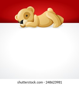 Cute teddy bear with white blank banner, holiday background vector illustration