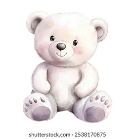 Urso de pelúcia bonito com uma ilustração vetor casaco de pele branco. O urso tem uma expressão amigável com um pequeno sorriso, olhos negros e um nariz preto. As bochechas do urso estão levemente avermelhadas