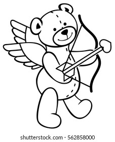Cute teddy bear with wings, bow and arrow looks like a cupid. Outline contour image.  Vector clip art.