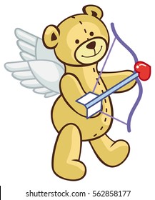 Cute teddy bear with wings, bow and arrow looks like a cupid. Vector clip art.