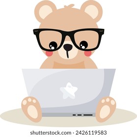 Cute teddy bear working with laptop