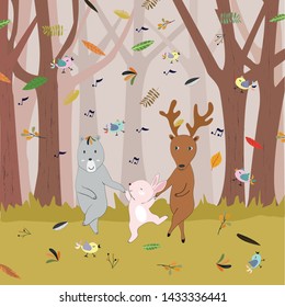 Cute teddy bear,rabbit bunny and deer having fun in autumn forest,illustration vector doodle comic art.