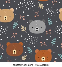 Cute teddy bears background, seamless pattern, hand drawn forest, vector illustration